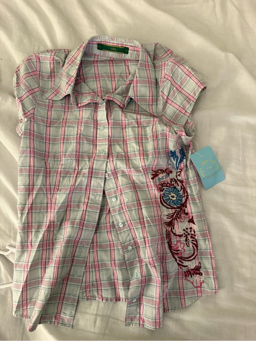 C9 by Champion Pink & White Plaid Button-Down Shirt with Floral Embroidery